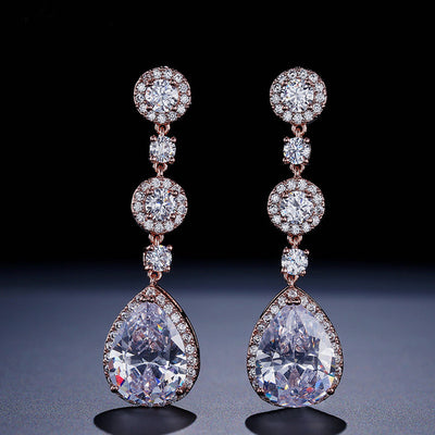 Rose Gold Long Dropper CZ Crystal Bridal Earrings