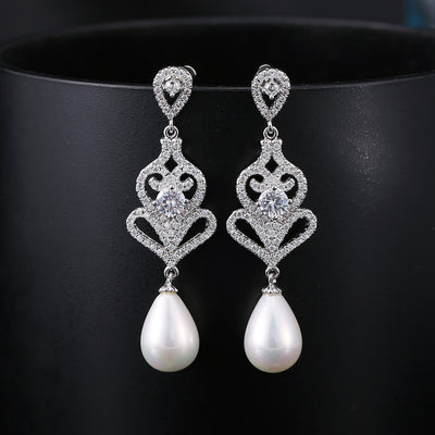 Vintage Inspired Pearl & CZ Diamond Chandelier Earrings