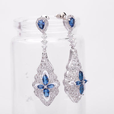 Luxury Blue CZ Diamond Long Dangle Bridal Earrings