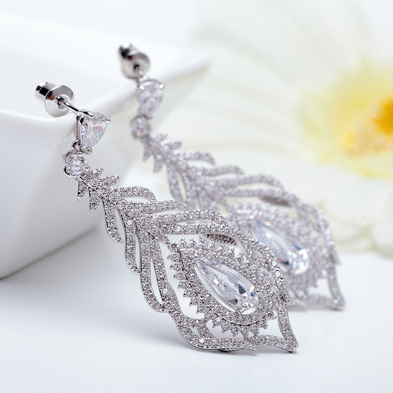 Luxury CZ Diamond Long Dangle Feather Earrings