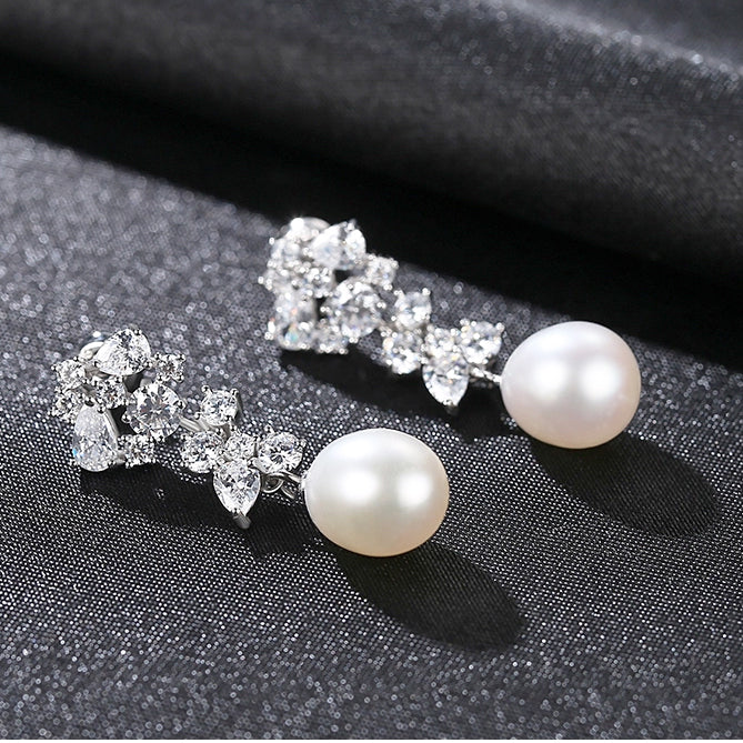 Natural Pearl & CZ Diamond Bridal Earrings