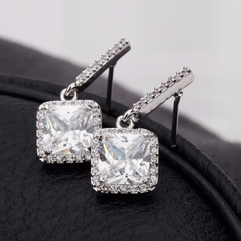 Simple Princess Cut CZ Diamond Drop Bridal Earrings