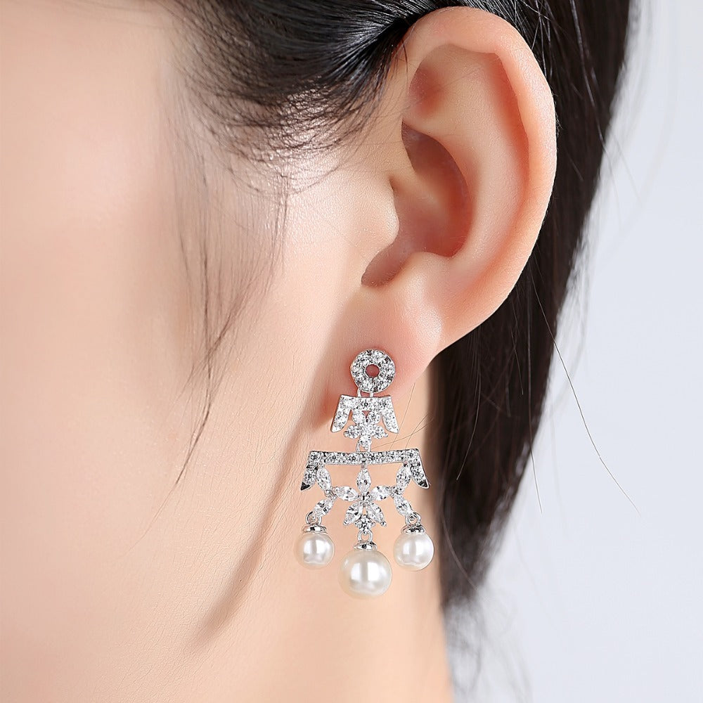 Glorious Pearl & CZ Diamond Chandelier Wedding Earrings