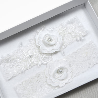 Trisha Off White Lace Floral Bloom Wedding Garter Set Online