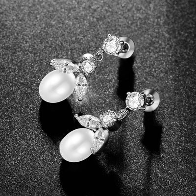 Classic Real Pearl & CZ Diamond Drop Earrings For Brides