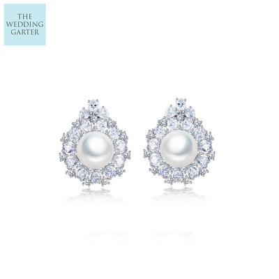 Designer Pearl & CZ Diamond Stud Wedding Earrings