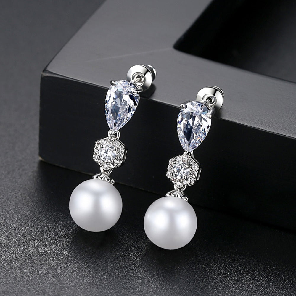 CZ Crystal & Pearl Drop Earrings for Brides