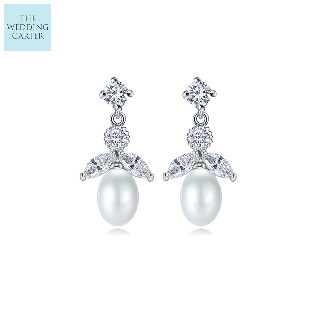 Classic Real Pearl & CZ Diamond Drop Earrings For Brides