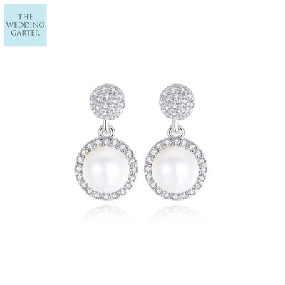 Genuine Natural Pearl & CZ Pearl Drop Bridal Earrings