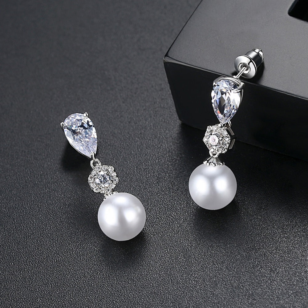 CZ Crystal & Pearl Drop Earrings for Brides