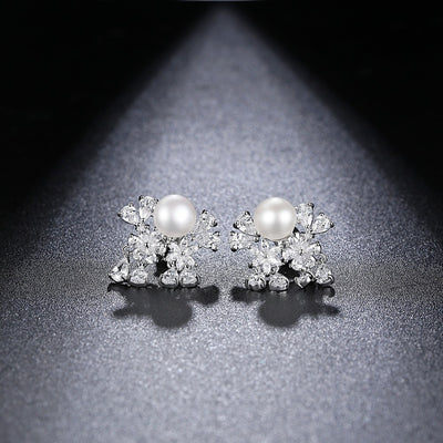 Unique Pearl & CZ Diamond Drop Wedding Earrings