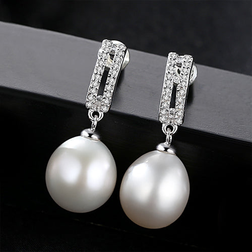 Elegant Real Pearl & CZ Diamond Sterling Silver Earrings