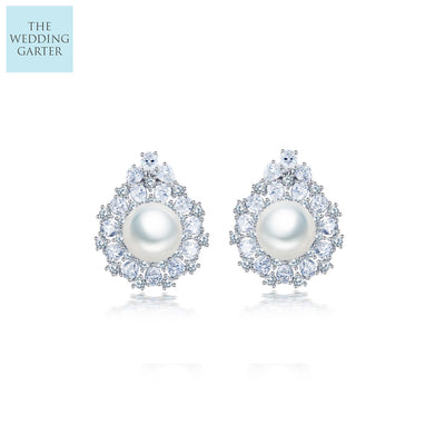 Designer Pearl & CZ Diamond Stud Wedding Earrings
