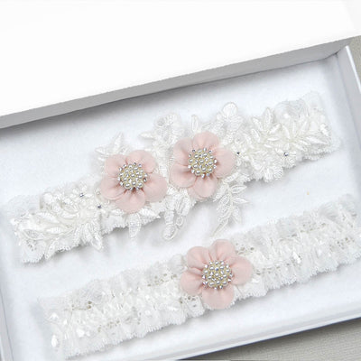 Luxury Ivory Lace Applique Garter Set With Pink Flowers