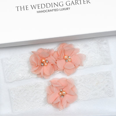 Fleur Ivory Lace & Peach Floral Wedding Garter Set