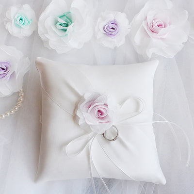 Ivory Satin Ring Bearer Pillow With Pink Rose
