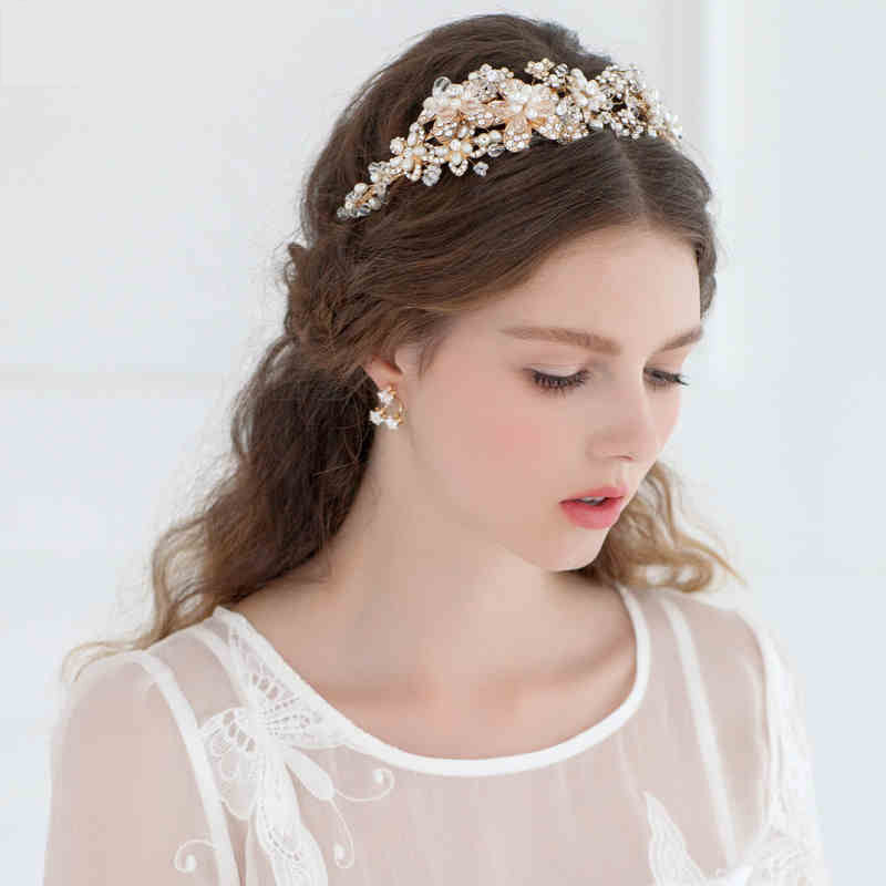 Amazing Gold Crystal Floral Bridal Headpiece Crown