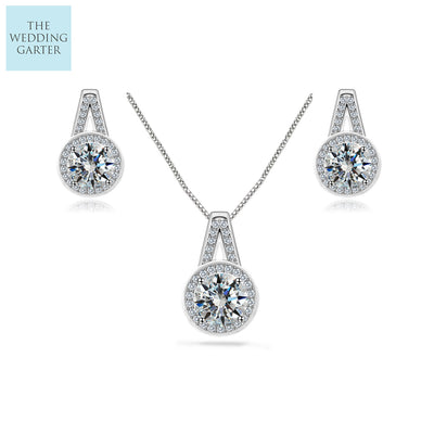 Sterling Silver CZ Diamond Pendant Bridal Jewellery Set