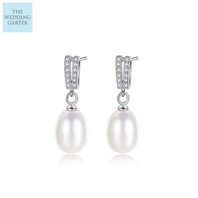 Ivory Natural Pearl & CZ Diamond Sterling Silver Drop Earrings