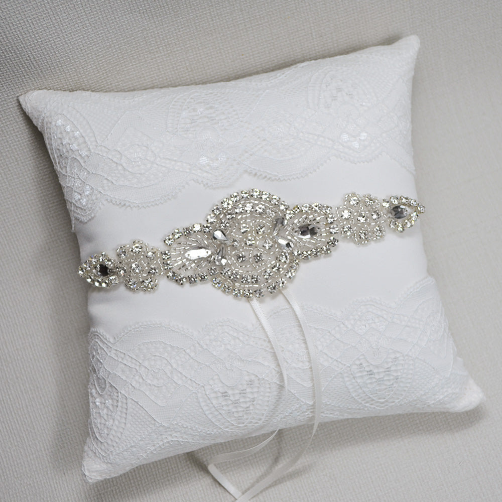Ivory Satin & Lace Rhinestone Wedding Ring Pillow