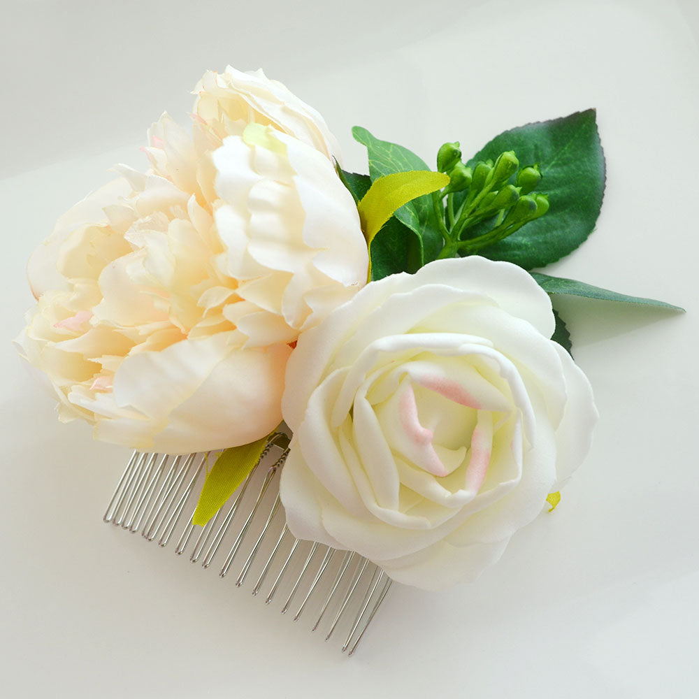 Peach Peony & Ivory Rose Hair Flowers For Hair Accessories