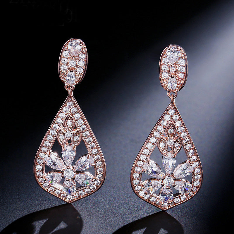 Silver CZ Crystal Floral Dropper Earrings