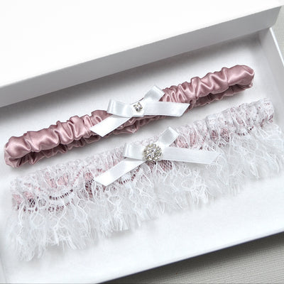 Clarissa Dusty Pink & Chantilly Lace Satin Wedding Garter Set (15 Colours)