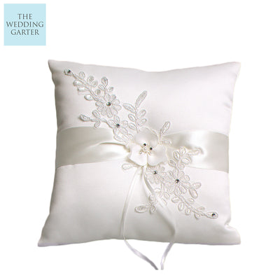 Chic Ivory Satin Appliqué Ring Pillow For Brides Ring Bearer Pillow