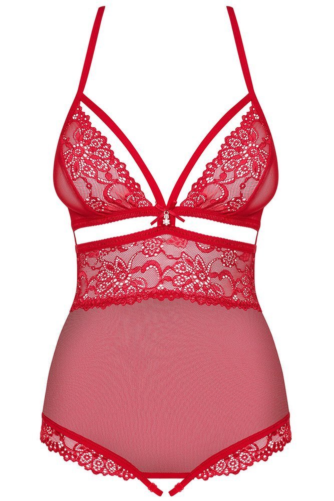 Red Mesh & Lace Open Crotch Teddy