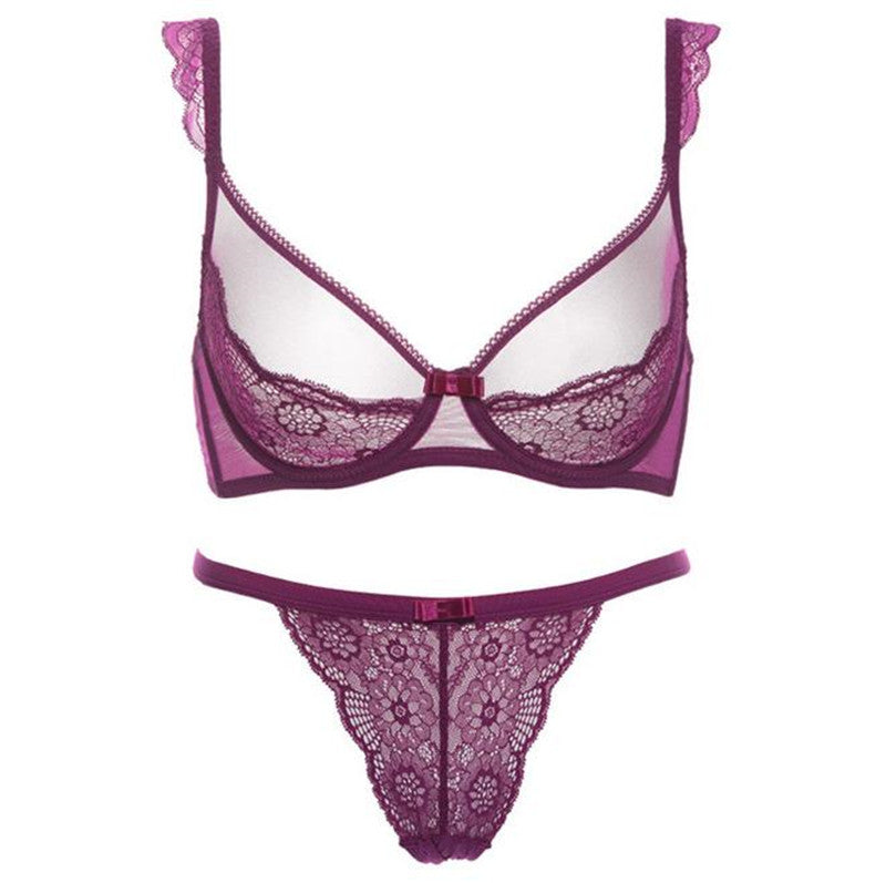 Sheer See Through Sexy Purple Lace & Mesh Underwire Bra Set