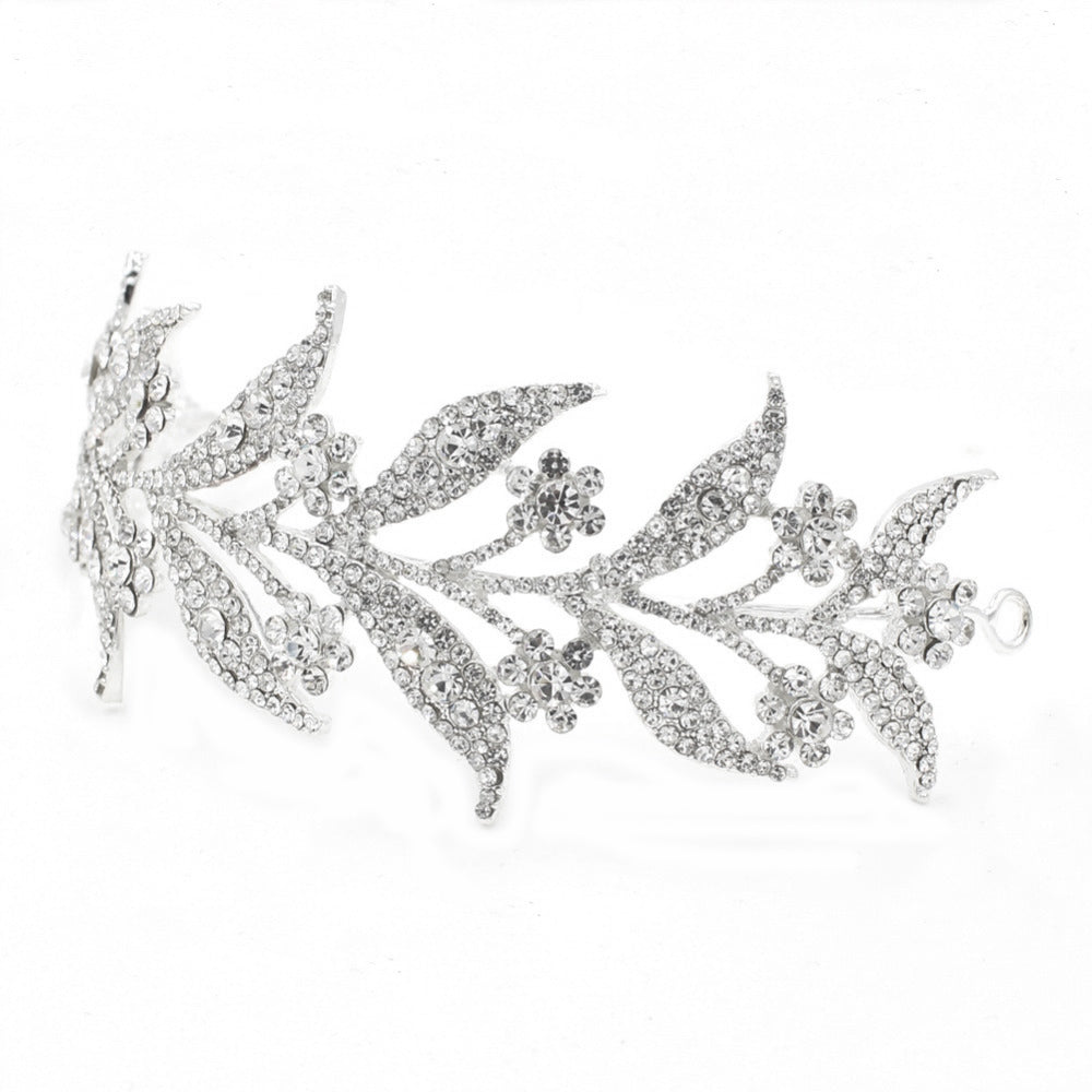Rhinestone Encrusted Silver Leaf Wedding Headband For Brides