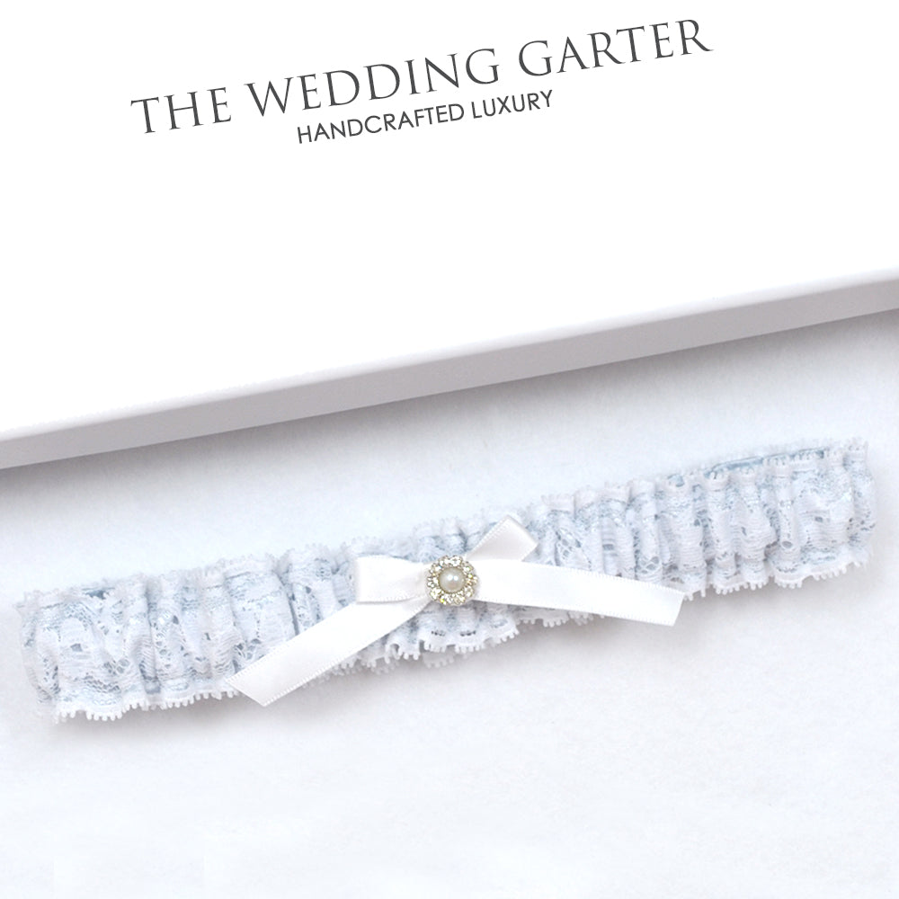 Agatha Blue Silk and White Lace Bridal Garter For Wedding