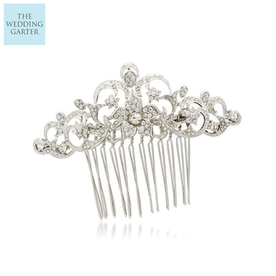 Silver Crystal Flower Bridal Headpiece Comb