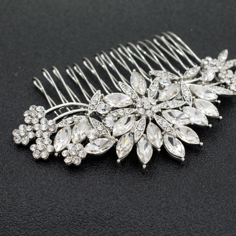 Romantic Silver Crystal Flowers Wedding Headpiece