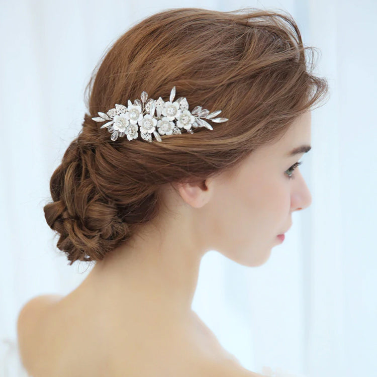 Silver Flowers & Rhinestone Bridal Side Comb