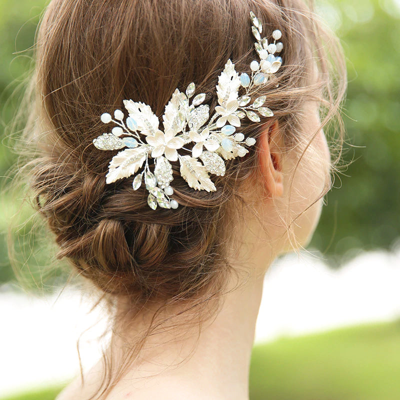 Silver Handpainted Headpiece With Milky Crystals Hair Clip