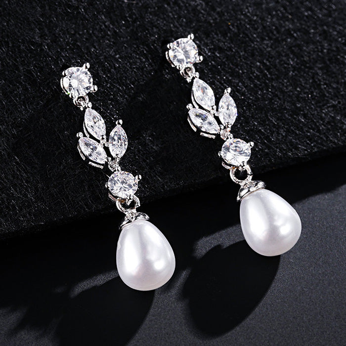 Delicate White Pearl & CZ Silver Drop Earrings
