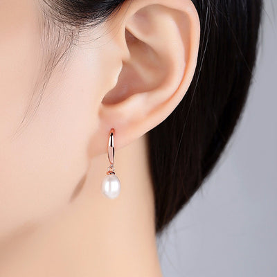 Simple Rose Gold & Natural Pearl Drop Earrings