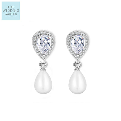 Delicate Luxury Water Drop Pearl & CZ Wedding Earrings (3 Colours)