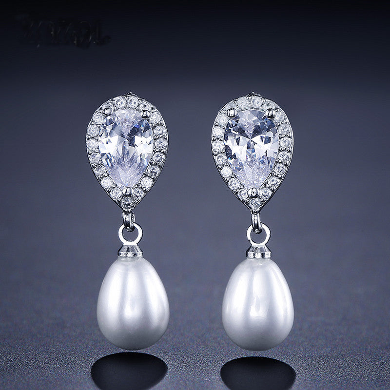 Delicate Luxury Water Drop Pearl & CZ Wedding Earrings (3 Colours)