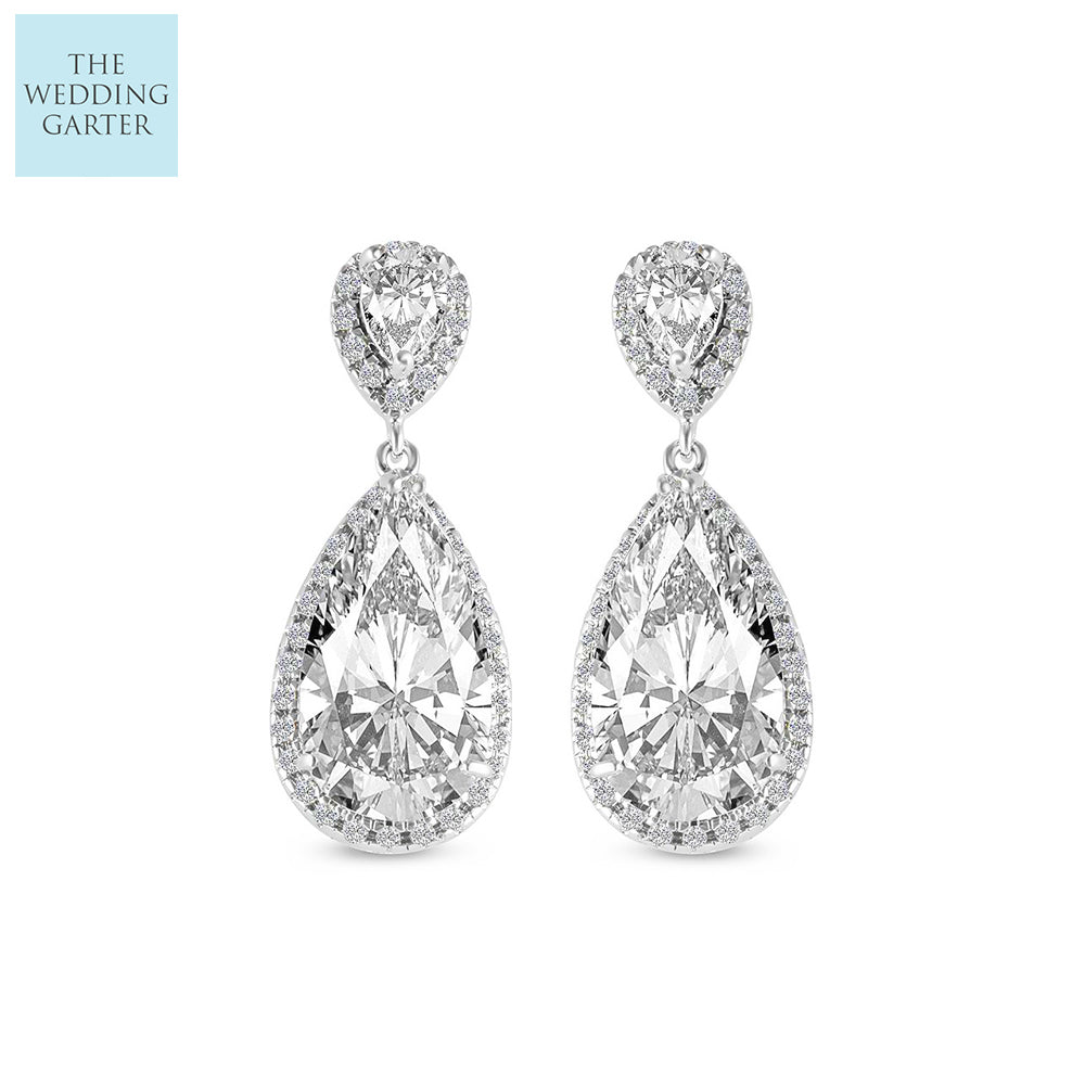 Long Teardrop Cubic Zirconia Diamond Bridal Earrings