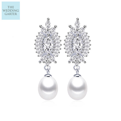 Elegant Big Crystal Drop Earrings Real Freshwater Pearl & Silver Earrings