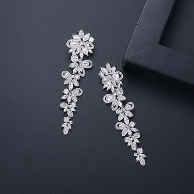 Delicate Long Floral Crystal Wedding Earrings