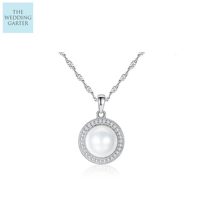 Classic Halo Style Natural Pearl & CZ Diamond Necklace