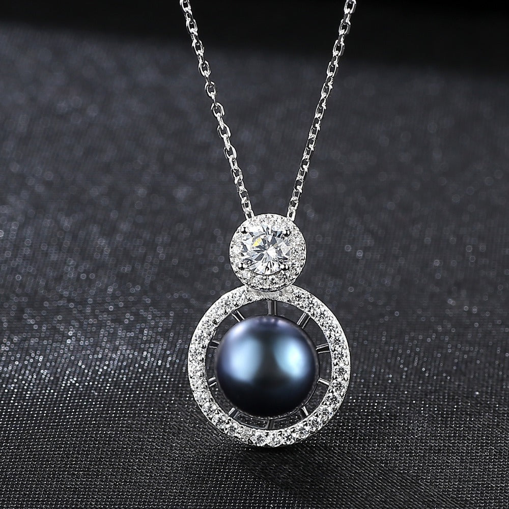 Luxury Black Pearl & CZ Pendant Necklace For Brides