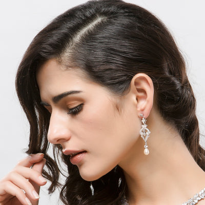 Delicate Pearl Vintage Long Drop Bridal Earrings