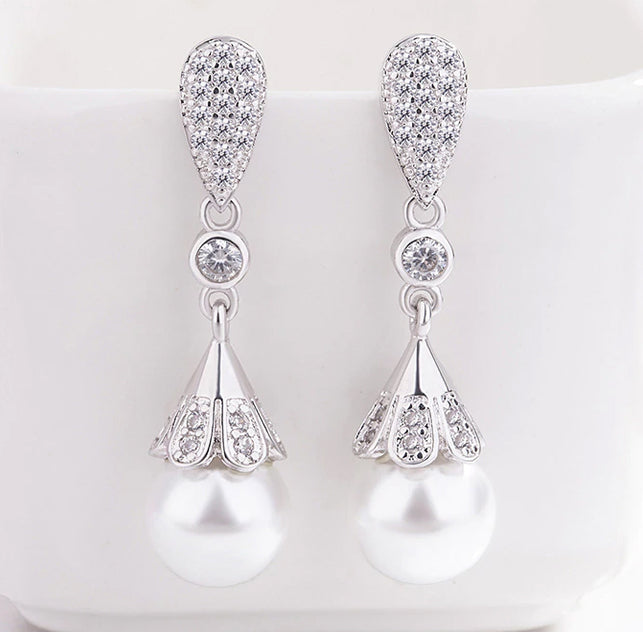 White Pearl & CZ Dropper Bridal Earrings