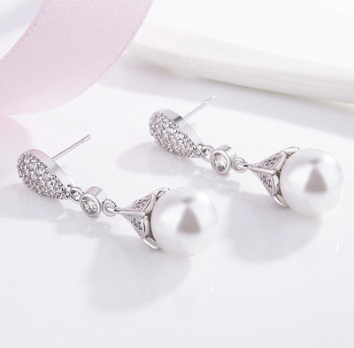 White Pearl & CZ Dropper Bridal Earrings