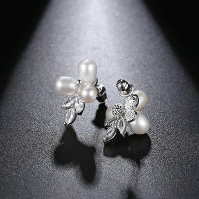 Dainty Freshwater Pearl & CZ Diamond Stud Wedding Earrings