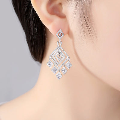 Luxury Micro Pave CZ Diamond Long Dangle Bridal Earrings